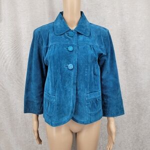 Chico's Y2K Leather Suede Teal Blue Cropped Jacket